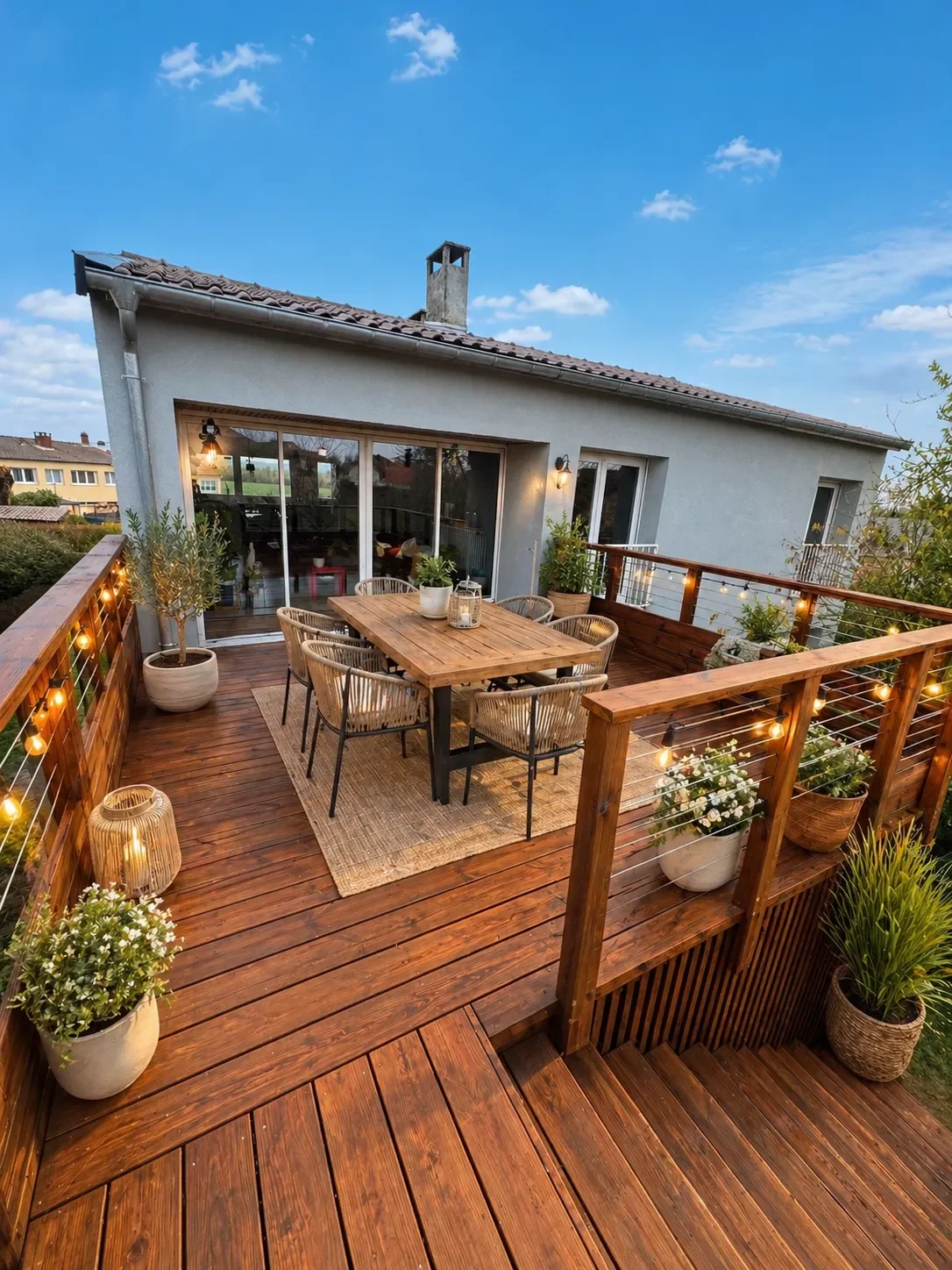 Vue d'une terrasse en bois avec table à manger en bois naturel, chaises en rotin, pots de fleurs blancs, rampe en bois et éclairage doré, face à une maison moderne aux murs blancs et grandes baies vit